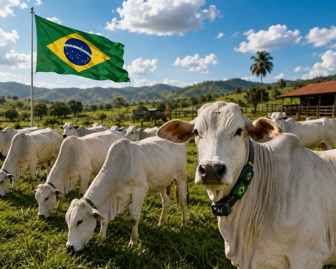 A herd of white Nelore cattle graze in a green pasture with the Brazilian flag waving in the background; one cow in the foreground wears a green collar labeled 'AI'.