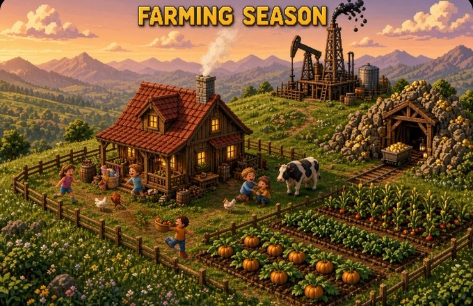 A stylized illustration titled 'FARMING SEASON' depicting a cozy farmhouse with a family, livestock, crops including pumpkins, and an oil pumpjack emitting black smoke in the background.