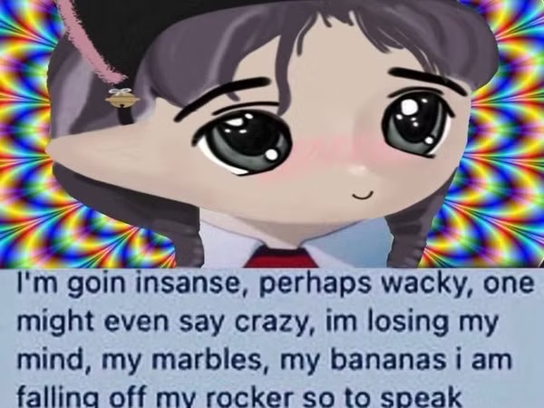 An anime girl with dark hair and blushing cheeks appears against a psychedelic rainbow background, with text reading "I'm goin insane, perhaps wacky, one might even say crazy, im losing my mind, my marbles, my bananas i am falling off my rocker so to speak." The caption's silly, nonsensical "la la la" mimics the character's unhinged rambling about losing her mind, conveying a similar carefree, chaotic energy.