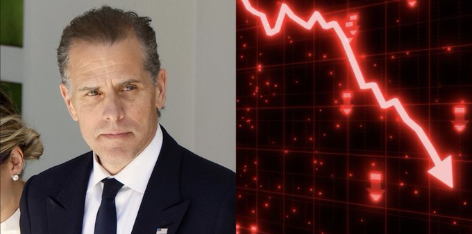 A split image shows Hunter Biden in a suit on the left next to a red downward-trending stock chart graphic on the right.
