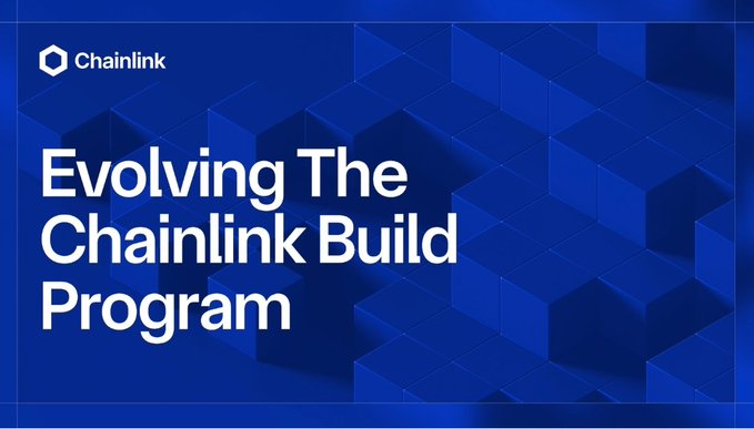 The image is a Chainlink promotional banner featuring the Chainlink logo and the headline "Evolving The Chainlink Build Program" set against a blue hexagonal background.

The banner relates to the post by announcing an update to Chainlink's Build Program, which aligns with the discussion about Chainlink's evolving strategies—particularly the shift toward staker-focused incentives like stakedrops, SVR, and CCIP rather than relying solely on the cube-based build system.