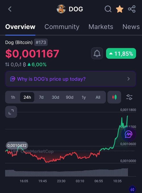 A CoinMarketCap screenshot showing the 'Dog (Bitcoin) DOG' token at #173, priced at $0.001167, up 11.85%, with a green price chart.