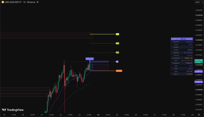 A TradingView 1-hour candlestick chart for the USELESSUSDT pair on Binance shows a strong upward price action around 0.0740, with technical indicators displaying resistance levels near 0.08800 and an entry price of 0.07312, reflecting bullish momentum on the "USELESS" token.
