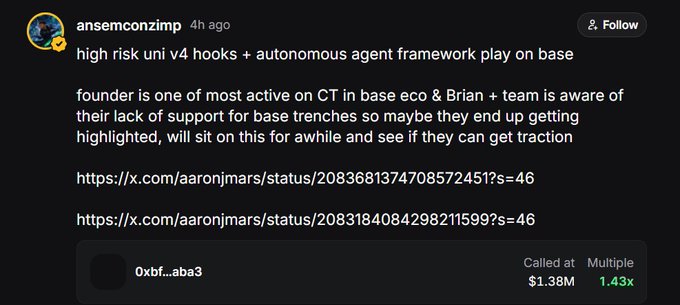 Ansem's post on X calls out $AEON as a "high risk uni v4 hooks + autonomous agent framework play on base," noting the founder's activity on CT and base eco, and mentioning the team is aware of their lack of support from Base trenches — with an attached contract (0xbf...aba3) showing $1.38M called at 1.43x.