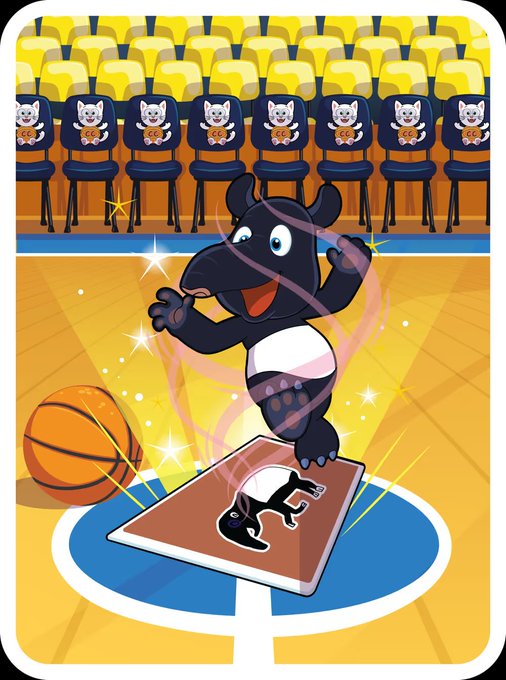 A colorful cartoon illustration of a black dog character playing basketball in an arena with yellow seats displaying smaller dog mascots, with a basketball and a trading card featuring the dog on the court.