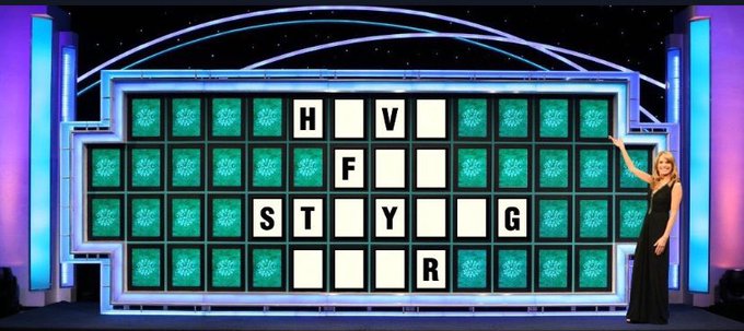 A blonde hostess in a black gown stands beside a large "Wheel of Fortune" game board displaying the letters H, V, F, S, T, Y, G, and R, with a $10,000 wedge visible. The image relates to the post about a massive crypto gain—from $65k Bitcoin to $6 AVAX—evoking the high-stakes, gamble-like nature of cryptocurrency investments through the show's "big money wheel" aesthetic.