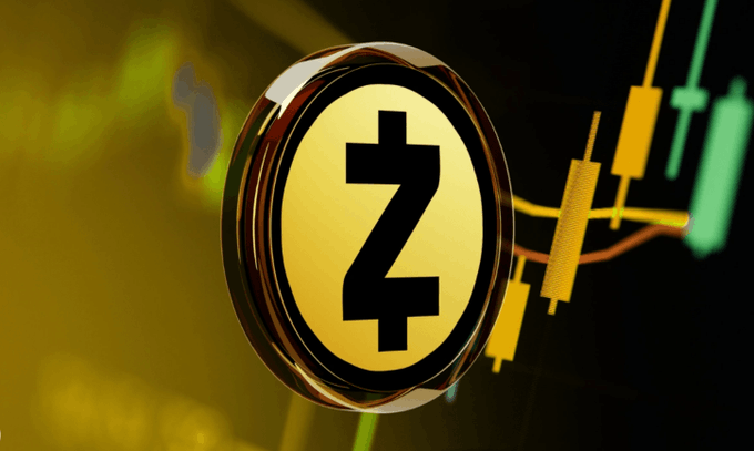 A gold Zcash (ZEC) cryptocurrency coin displayed against a background of yellow and green candlestick trading charts.