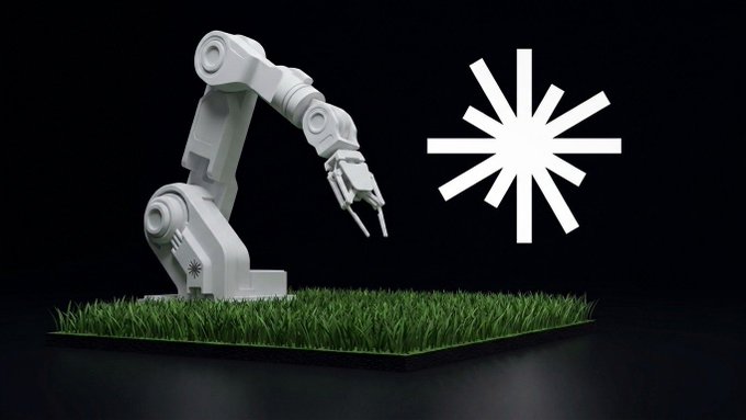 A 3D rendered white robotic arm stands on a patch of green grass next to a glowing white loading spinner icon against a black background.