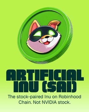 A green coin displays a cartoon Shiba Inu dog wearing a black mask, accompanied by the text "ARTIFICIAL INU ($AI)" and the tagline "The stock-paired Inu on Robinhood Chain. Not NVIDIA stock." The image visually represents the trending Artificial Inu ($AI) memecoin highlighted in the post, emphasizing its dog theme and distinction from Nvidia stock.