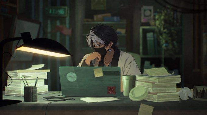 An anime-style illustration depicts a dark-haired character wearing a face mask sitting at a desk under a lamp, surrounded by stacks of papers and a laptop in a dimly lit room.