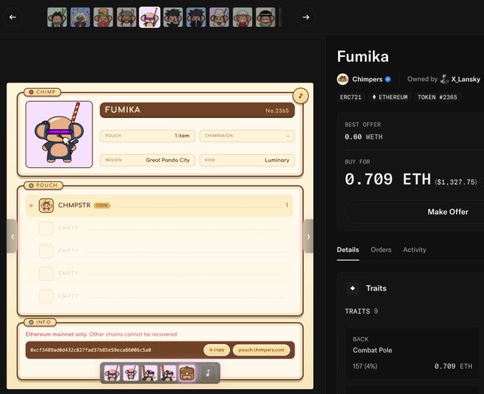 A NFT marketplace listing for 'Fumika' token #2365, a CHIMP pouch from the Chimpers collection on Ethereum, with a buy-for price of 0.709 ETH ($1,327.75) and a Gold companion trait.