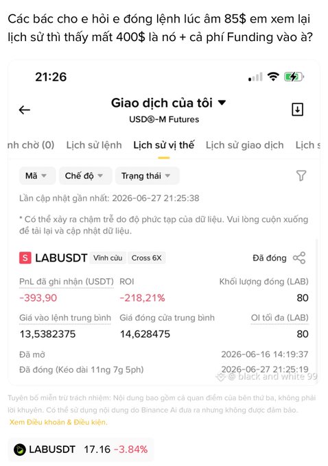 Screenshot of a Binance Futures position history showing a LABUSDT short position with -218.21% ROI, a realized PnL of -$393.90, and an average entry price of 13.5382375, illustrating the heavy losses from the short trade and accumulated funding fees mentioned in the post.