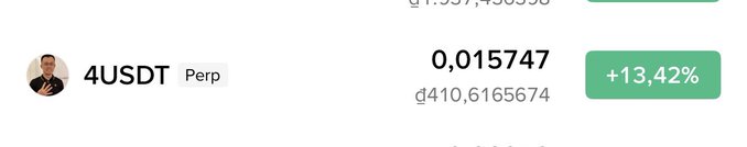 A trading interface showing '4USDT Perp' at a price of 0.015747 (approximately $410.61) with a positive change of +13.42%.