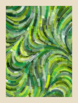 An abstract digital artwork featuring flowing green, white, and dark teal wave patterns against a beige background.