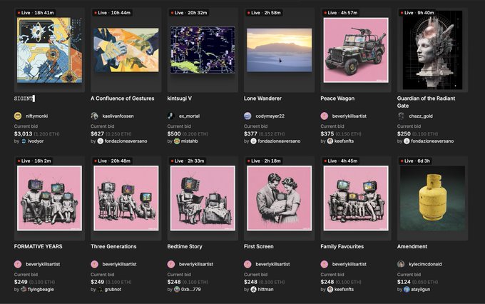 A SuperRare gallery displays 12 live NFT auctions including "SIGINT" by niftymonki for $3,013, "A Confluence of Gestures" by kaelivvanfossen for $627, "kintsugi V" by ex_mortal for $500, "Lone Wanderer" by codymayer22 for $377, "Peace Wagon" by beverlykillsartist for $375, "Guardian of the Radiant Gate" by chazz_gold for $250, and "Amendment" by kyliemclonald for $124.