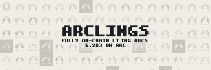 A pixel art title screen or logo reading 'ARCLINGS' with the subtitle 'FULLY ON-CHAIN LIVING ARCS' and '6,283 ON ARC', set against a repeating pattern of small creature sprites.