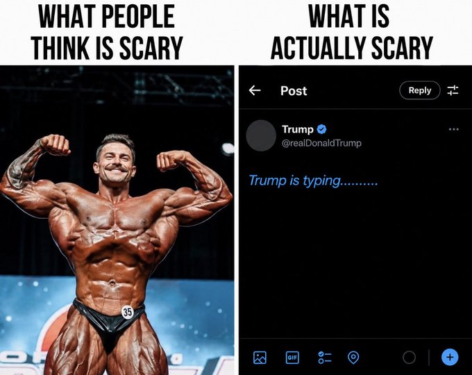 Two-panel meme: left shows a muscular bodybuilder flexing ('What People Think Is Scary'), right shows a screenshot of Trump typing on X/Twitter ('What Is Actually Scary').