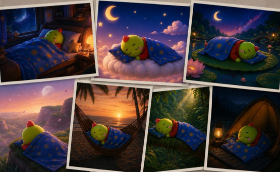 A collage of six illustrated scenes depicting a small green character sleeping in various dreamy settings, including on a cloud, in a hammock, inside a tent, and on a bed.