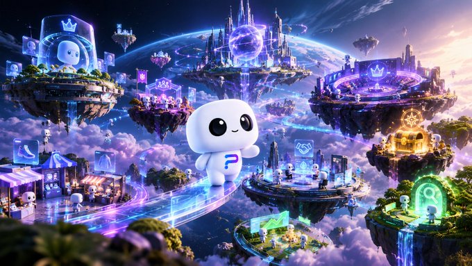 A whimsical digital fantasy illustration features a cute white mascot character with a blue 'P' on its chest, floating among floating islands with castles, marketplaces, and neon-lit structures against a starry sky.