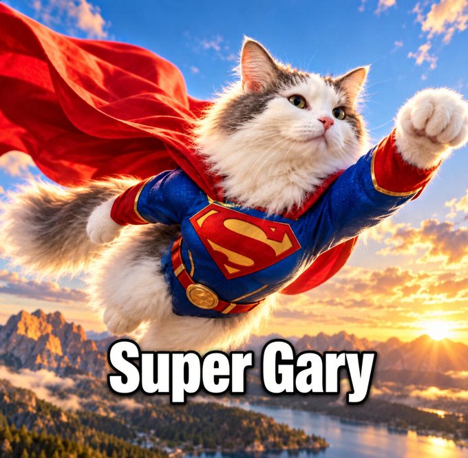 A fluffy cat dressed as Superman soars through a sunset sky in a heroic pose, with the bold text "Super Gary" displayed beneath it—directly illustrating the post's promotion of the $SuperGary meme coin with its caped feline mascot rallying the Solana community.