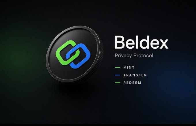 Logo and text for 'Beldex Privacy Protocol' with features listed: MINT, TRANSFER, and REDEEM, shown alongside a green and blue linked-ring emblem on a black background.