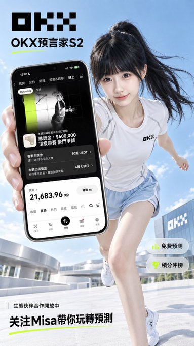 An advertisement for the OKX app featuring an anime-style illustration of a girl and a phone screen displaying crypto predictions, with Chinese text including "OKX預言家S2", "21,683.96 XP", and "关注Misa带你玩转预测".