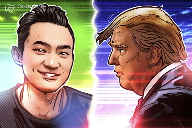 The image features a cartoon drawing of two men with different hairstyles - one has black hair while the other has blonde hair, both wearing suits. The man with black hair is smiling at the camera, while the man with blonde hair looks away from the camera. The background of the image is blue and purple, which adds to the overall artistic style of the cartoon drawing.
