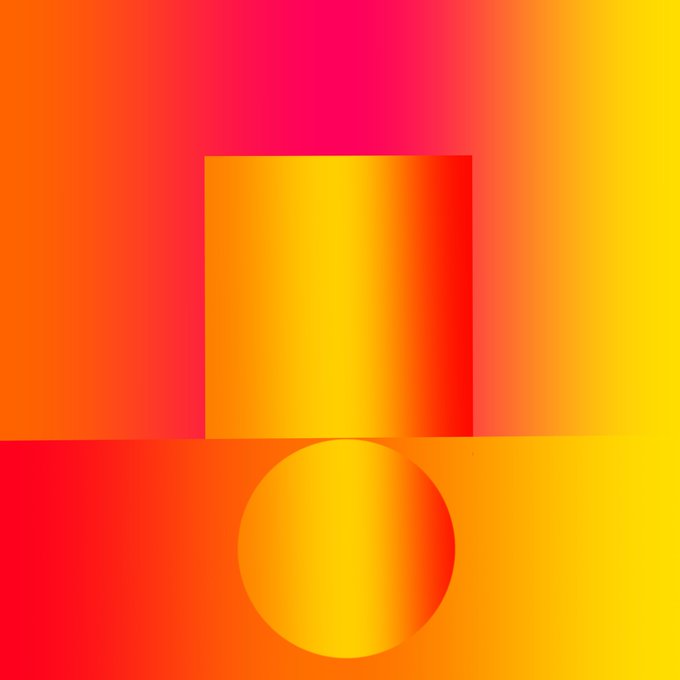 An abstract geometric composition featuring a square and circle with vibrant orange, red, and yellow gradients.