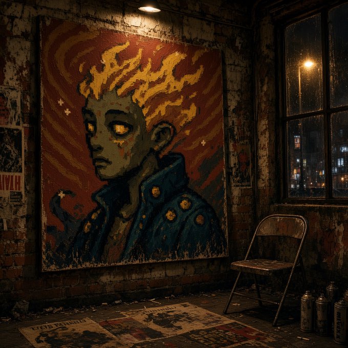 A street-art reimagining of Van Gogh's flame-haired portrait dominates the brick wall of a dimly lit, grungy room, surrounded by scattered spray cans, torn posters (one reading "NYLAH"), and a lone metal chair near a rain-streaked window — embodying the post's rebellious spirit of bringing the masterpiece off the canvas and into the raw world.