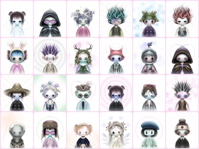 A grid displaying 24 stylized cartoon character illustrations with large heads, varied costumes, and pastel color palettes.