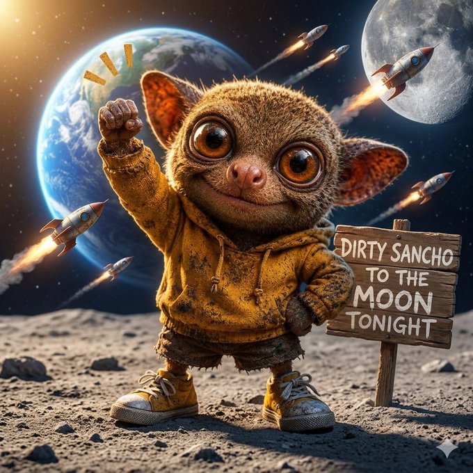 The image features a cartoon character dressed in yellow clothing standing on a rocky surface with a sign that reads "Dirty Sanchez to the Moon Tonight" written below him. The character appears to be waving, as if greeting someone or something. The background of the image is filled with various rocket ships flying through space, creating an exciting and futuristic atmosphere.