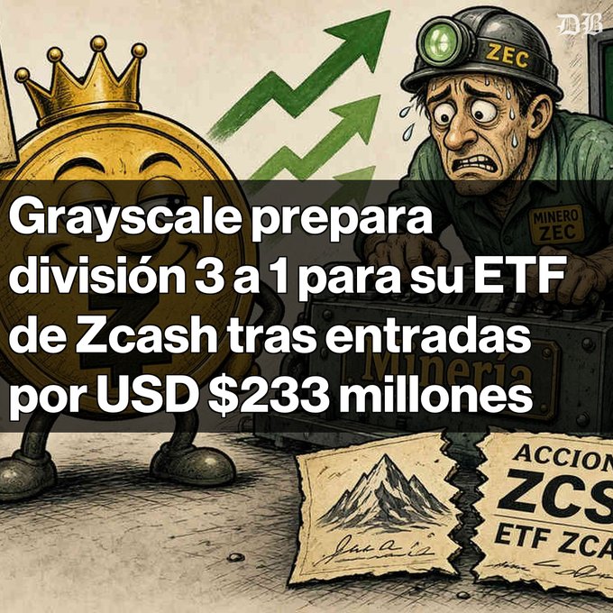 A Spanish-language financial graphic announcing 'Grayscale prepara división 3 a 1 para su ETF de Zcash tras entradas por USD $233 millones', featuring a crowned Zcash (ZEC) coin, a sweating miner, and a torn ETF stock certificate.