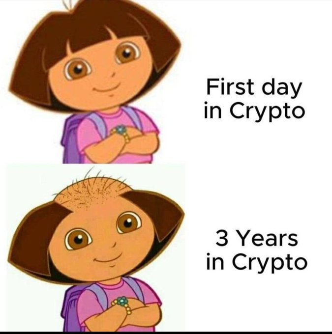 The classic Dora the Explorer 'first day vs. 3 years' meme showing hair loss, relabeled 'First day in Crypto' and '3 Years in Crypto.'