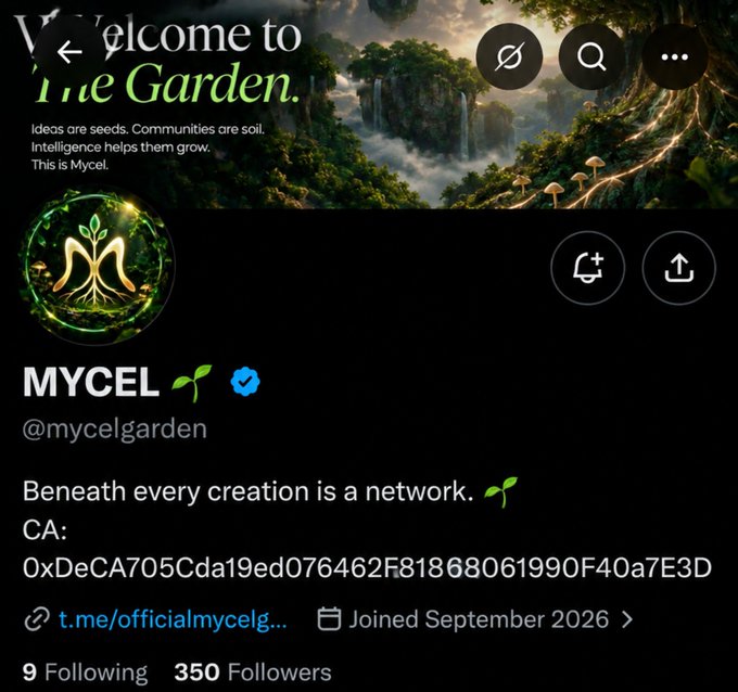 A Telegram channel profile for 'MYCEL' (@mycelgarden) with a fantasy garden banner reading 'Welcome to The Garden,' CA: 0xDeCA705Cda19ed076462F81868061990F40a7E3D, with 350 followers.
