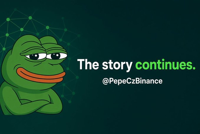 A Pepe-themed dark green promotional graphic shows the cartoon frog beside the text “The story continues.” and “@PepeCzBinance,” with “continues.” highlighted in bright green.