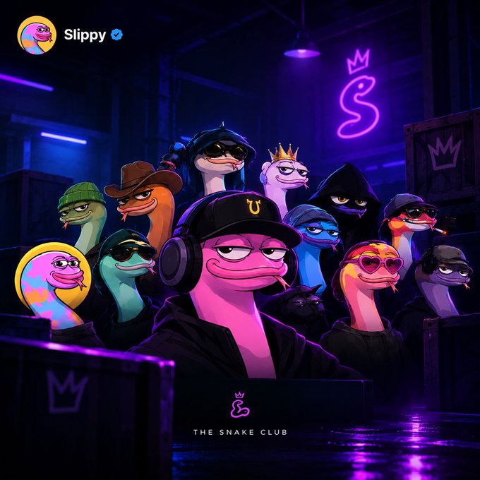 A digital illustration of anthropomorphic snakes in a neon-lit club setting, with the username 'Slippy' and text 'THE SNAKE CLUB' displayed.