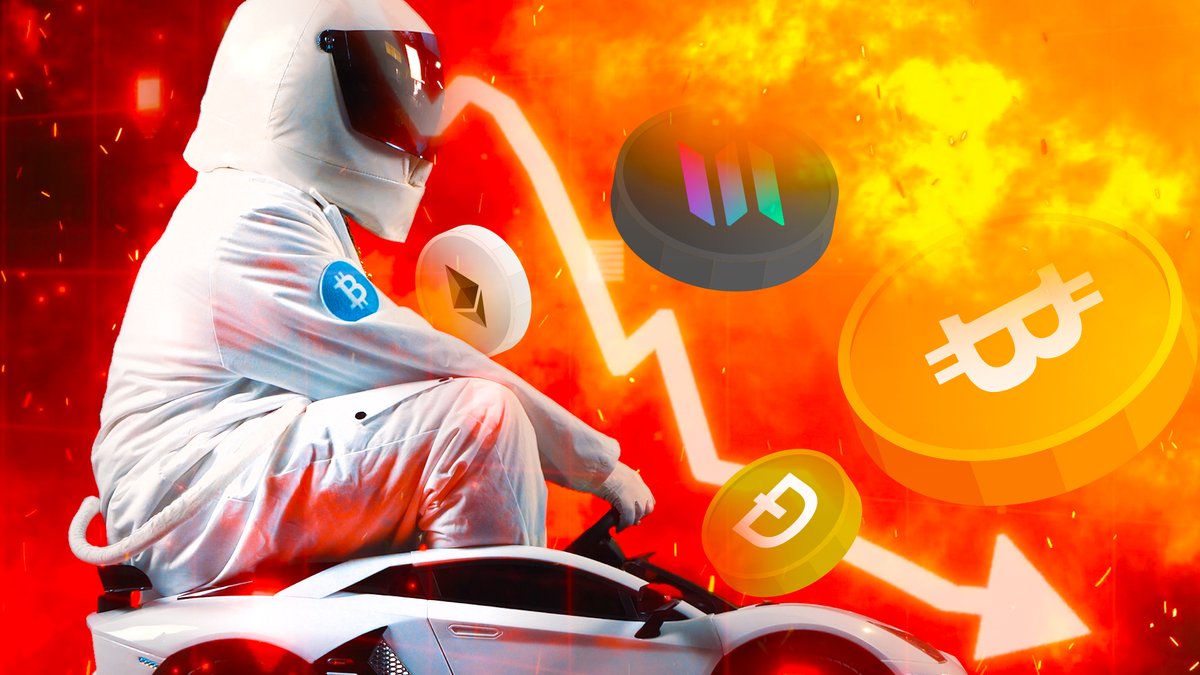 A dramatic digital illustration of The Stig from Top Gear in a white racing suit sitting on a sports car, surrounded by flames and floating cryptocurrency symbols including Bitcoin, Ethereum, Solana, and Dogecoin.