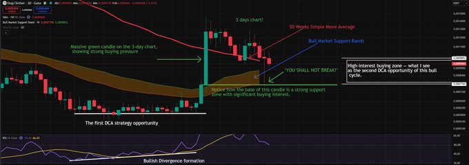 A DogeTwitter/SDOGE candlestick price chart with technical analysis annotations including '3 days chart', '50 Weeks Simple Move Average', 'Bull Market Support Bands', and notes about a 'first DCA strategy opportunity' and 'bullish divergence formation'.