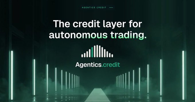 A dark, neon-lit promotional banner for 'Agentics Credit' with the tagline 'The credit layer for autonomous trading' and a green equalizer-style logo.