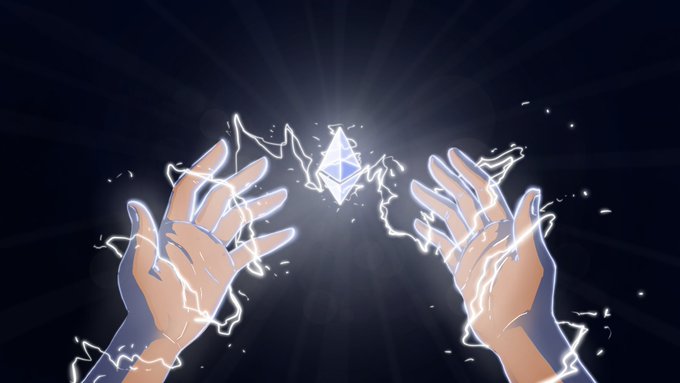 An anime-style illustration shows two hands reaching toward a glowing crystalline shape surrounded by electric arcs against a dark background.