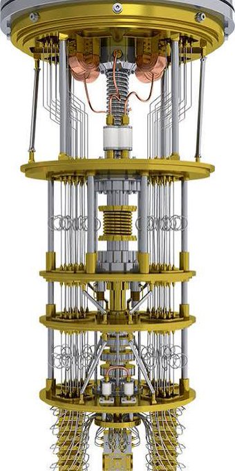 A detailed 3D rendering of a complex quantum computer's interior, showing multiple stacked gold-colored cylindrical tiers with cooling and wiring components.