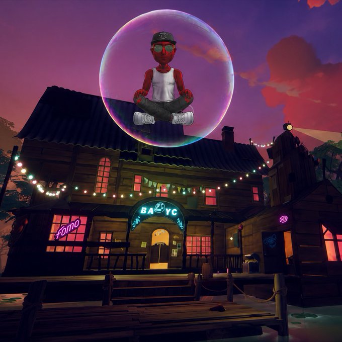 A video game scene showing a character meditating in a large bubble above a wooden building at sunset, with neon signs including 'FOMO' and a banner that appears to read 'BAYC'.