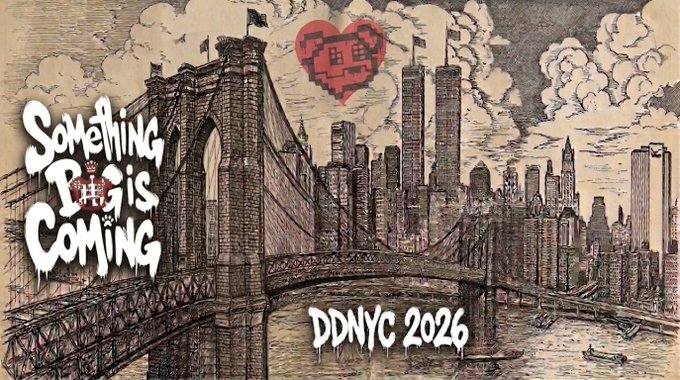 The image is a stylized illustration of the Brooklyn Bridge and New York City skyline, featuring graffiti-style text reading "SOMETHING BIG IS COMING" with a pixelated heart and "DDNYC 2026." It relates to the CSN Crypto Spaces Network post by visually teasing an upcoming major crypto event in NYC for 2026, reinforcing the "real talk, raw truth" branding with its urban, street-art aesthetic.