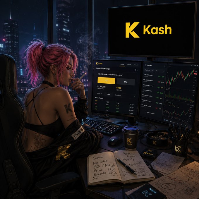 The image features a woman sitting at a desk with multiple screens in front of her, including a computer monitor displaying the KASH logo. She has tattoos on her back and is smoking a cigarette while working on her laptop. The background shows a city skyline, suggesting that she might be located in an urban area or near a business district. The image also includes text related to the cryptocurrency market, which could indicate that she is involved in trading or investing in digital assets like Bitcoin.