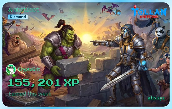 A fantasy gaming graphic for 'Tellan Universe' showing an orc and an armored knight facing off, with user 'CryptoGrit' and 'abeXZECT' highlighted, displaying '155,201 XP Earned this week.'