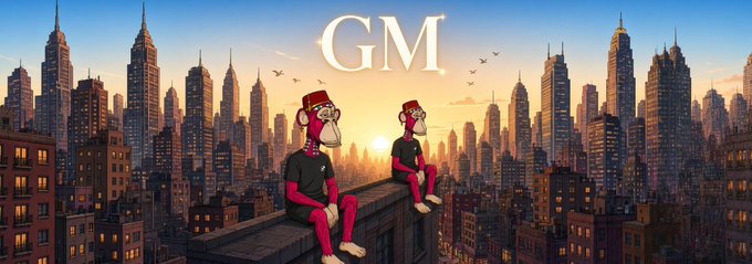 Two cartoon monkeys wearing red fez hats sit on a rooftop overlooking a sunset cityscape, with the text 'GM' displayed at the top.
