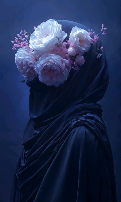 An artistic painting showing a figure draped in flowing black fabric against a dark blue background, with their head obscured by a large bouquet of white and pink roses.
