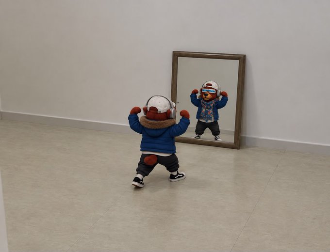 A toddler wearing a blue jacket, red gloves, and a winter hat standing in front of a floor mirror, with their reflection showing them smiling.