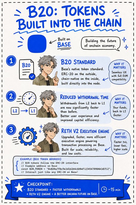 A blue and white educational infographic titled 'B20: TOKENS BUILT INTO THE CHAIN' explaining Base's native token standard, reduced L2-to-L1 withdrawal times, and the RETH V2 execution engine.