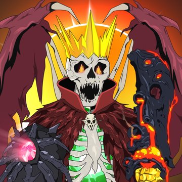 A vibrant, cartoon-style illustration of a skeletal figure wearing a spiked crown and a dark, feathered cloak with a glowing green skeletal ribcage, holding a jagged sword.